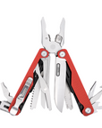 A red and silver multi-tool pocket knife with several tools extended, including pliers, scissors, and blades, shown against a plain white background.