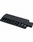 A black plastic screwdriver bit holder with multiple flat and Phillips driver bits inserted, shown on a plain white background.