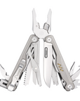 A silver multi-tool pocket knife with several tools extended, including pliers, scissors, a knife blade, and a bottle opener, shown on a plain white background.