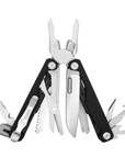 A Leatherman multi-tool with pliers, knife blade, scissors, and other tools extended, shown on a plain white background.