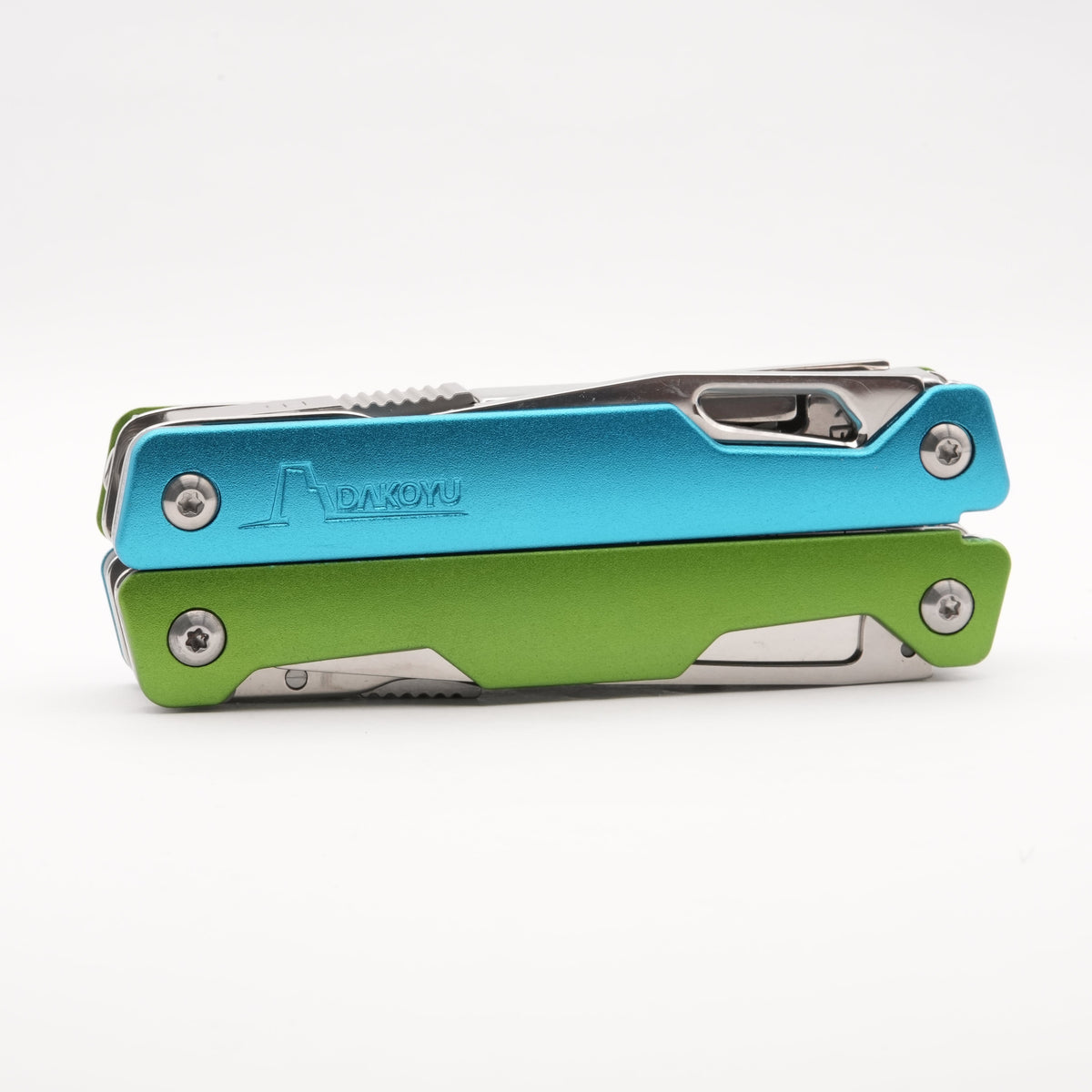 Blue and green compact multi-tools stacked on a white background.