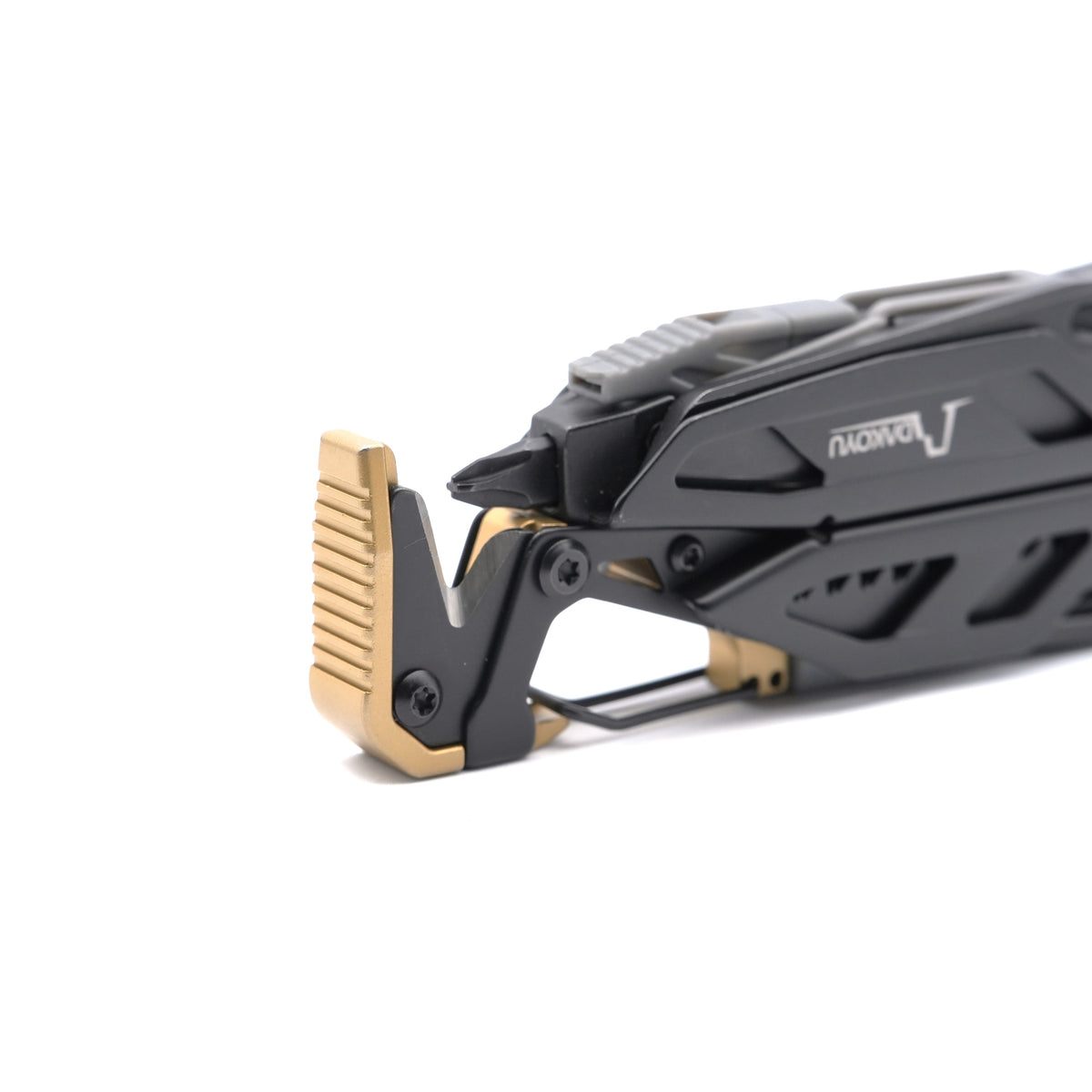 Black multi-tool with a gold-colored attachment extended on a white background.