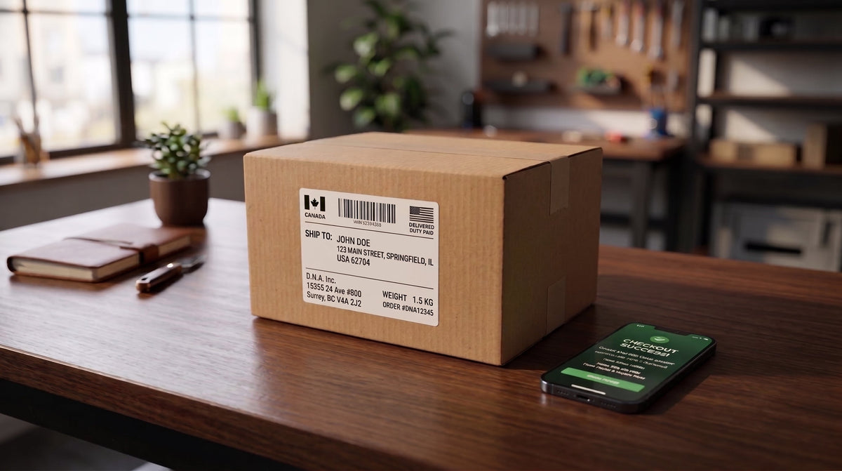 Cardboard shipping box with a shipping label on a desk beside a green booklet.