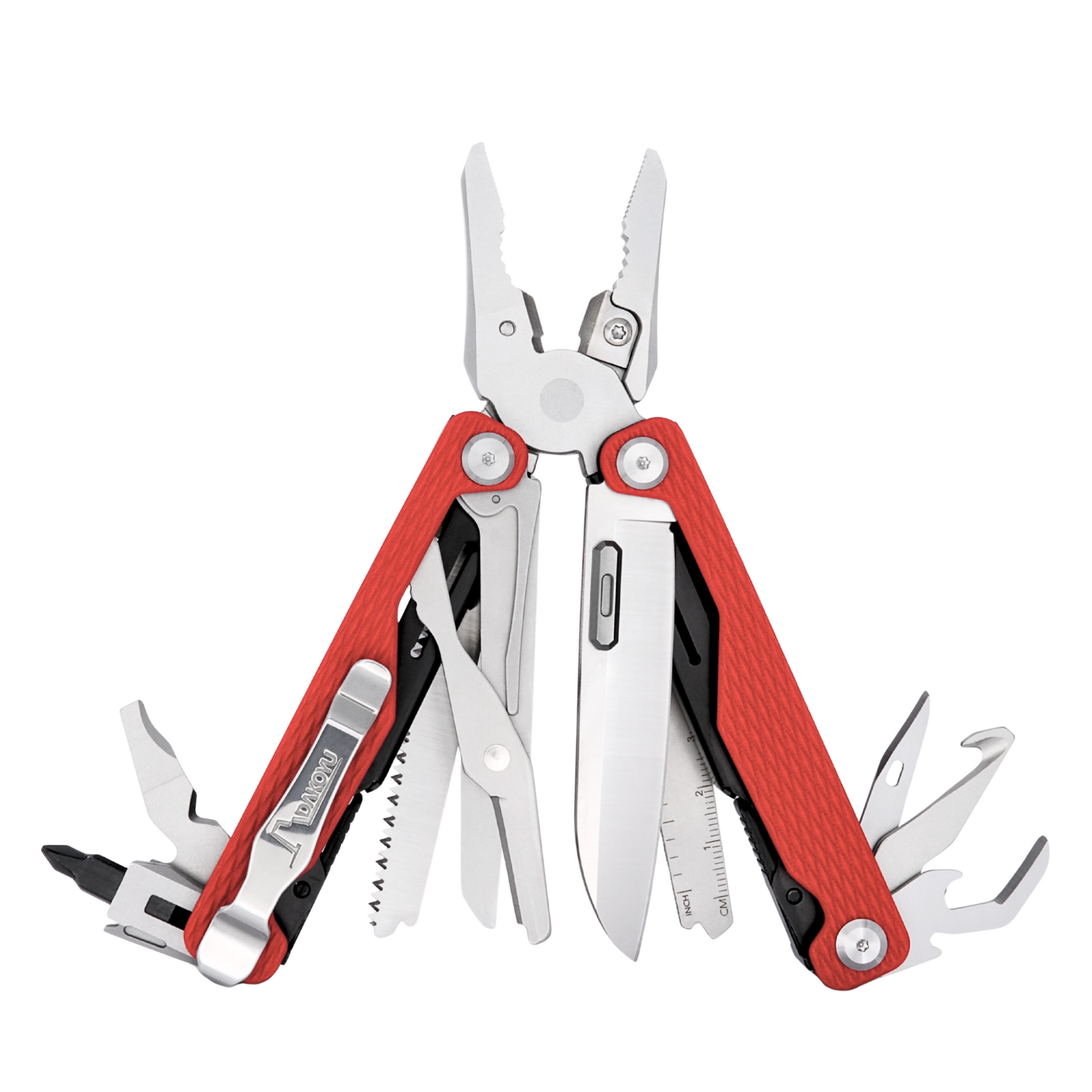 A red and silver multi-tool pocket knife with several tools extended, including pliers, scissors, and blades, shown against a plain white background.
