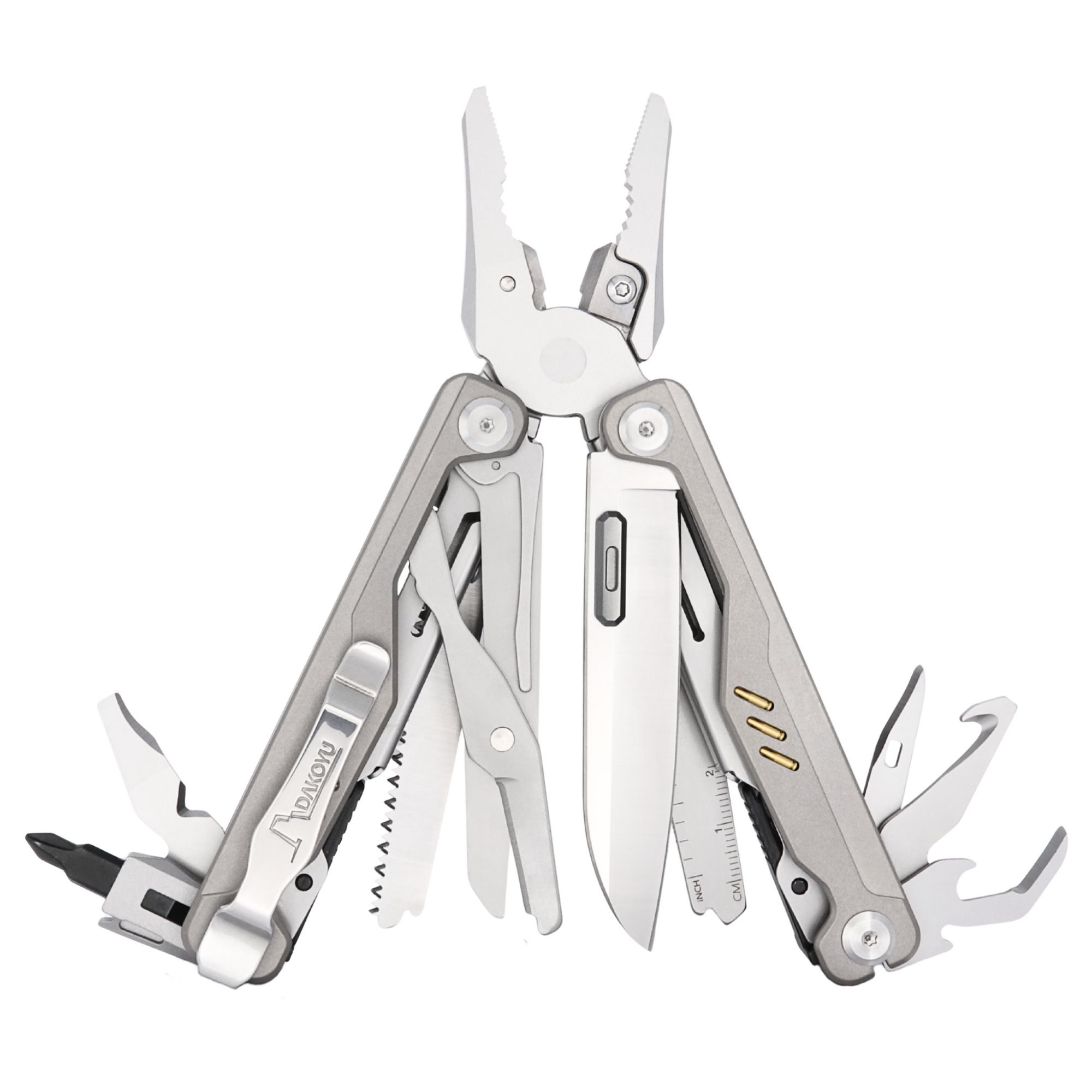 A silver multi-tool pocket knife with several tools extended, including pliers, scissors, a knife blade, and a bottle opener, shown on a plain white background.