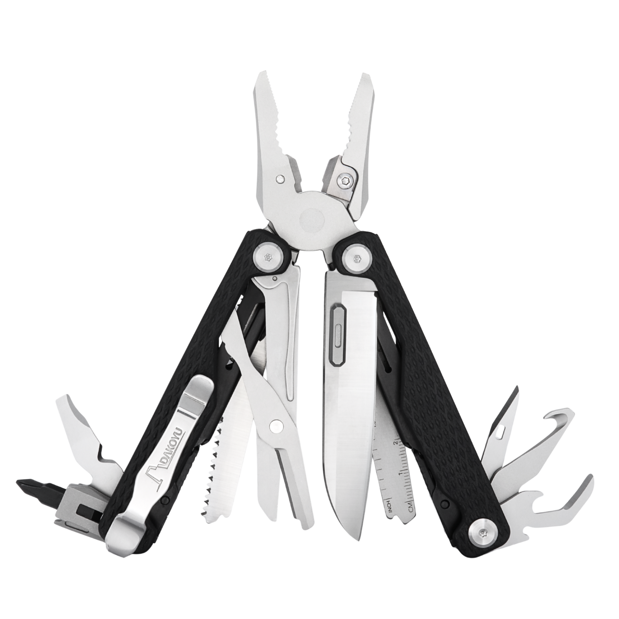 A Leatherman multi-tool with pliers, knife blade, scissors, and other tools extended, shown on a plain white background.