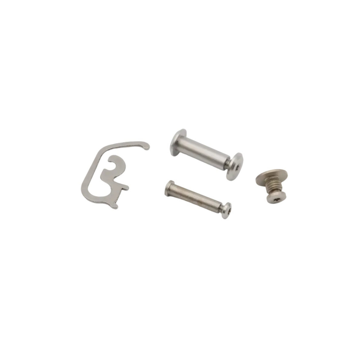 A small hardware set on a plain white background, including a silver metal clip-like piece, two silver cylindrical pins or bolts, and a small threaded screw with a interscrew head.