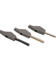 Three gray replacement screwdriver bit holders with different bit shafts (black, silver, and metal) arranged diagonally on a white background.