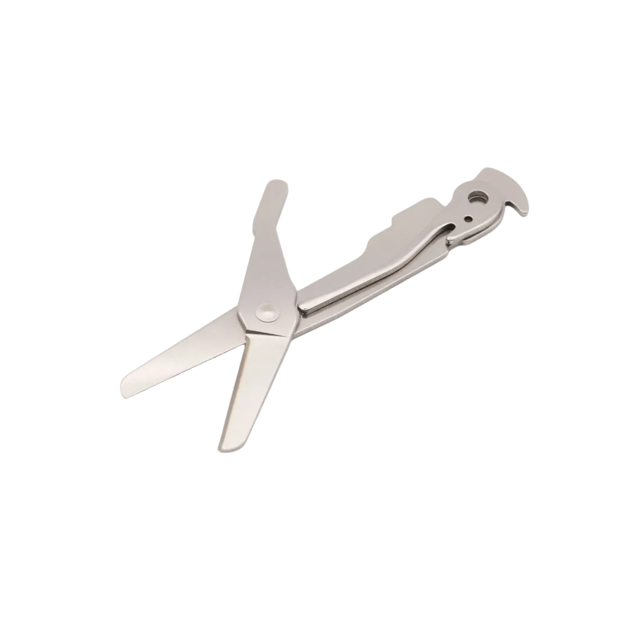 A stainless steel pocket multi-tool with scissors and a hook tool extended, shown on a clean white background.