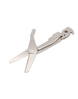 A stainless steel pocket multi-tool with scissors and a hook tool extended, shown on a clean white background.